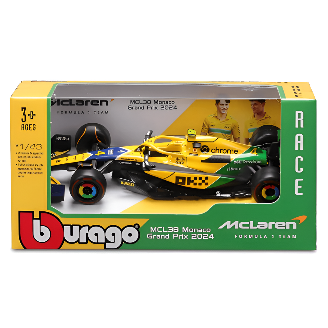 Bburago McLaren Racing F1 MCL38 Lando Norris 2024 Monaco GP Model Car Unisex - Yellow - 1:43 Scale